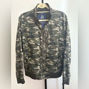 Green Camouflage Bomber Jacket with Stand-Up Collar
